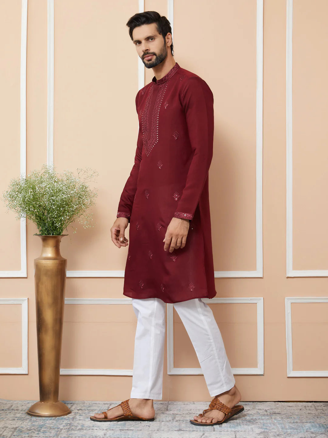 Men Maroon Embroidered Chanderi Silk Straight Kurta