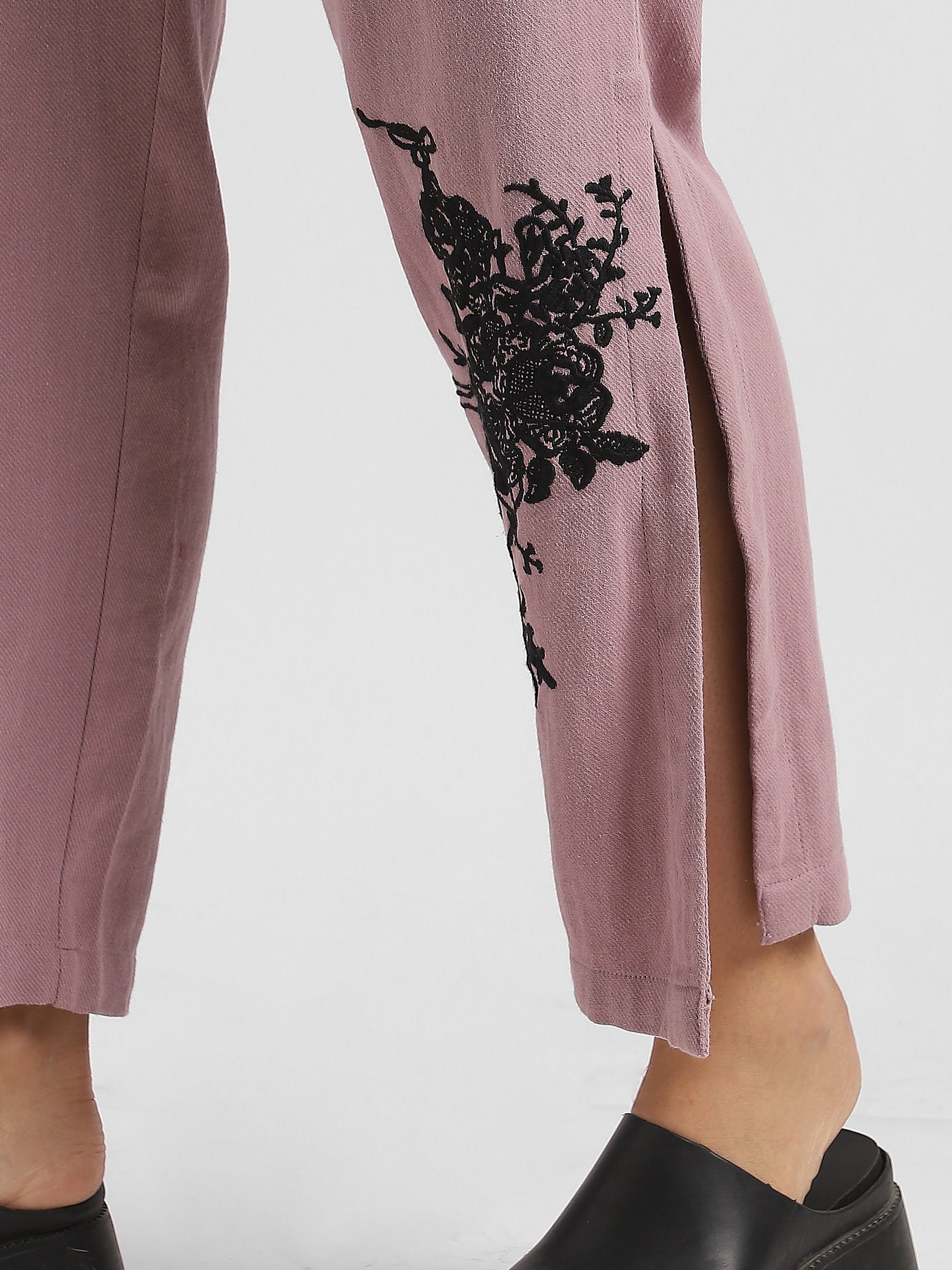 Women Pink Embroidered Pants with Slit