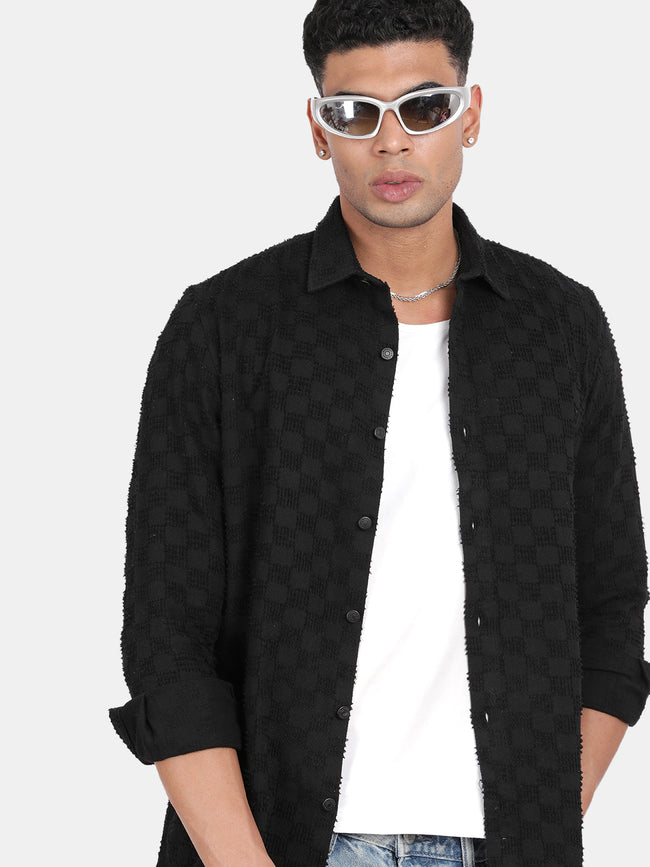 Men Black Slim Fit Spread Collar Full Sleeve Casual Shirt