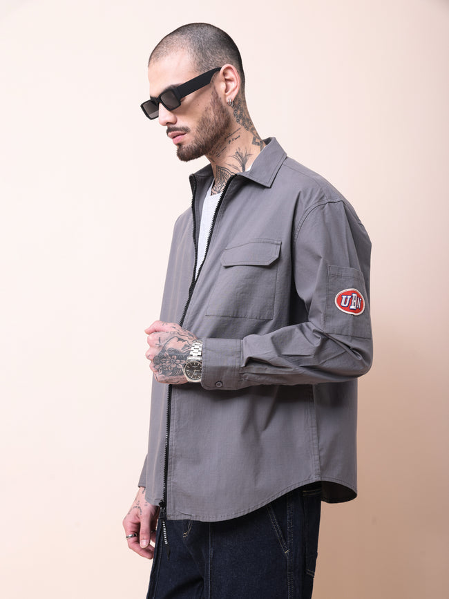 Men Grey Solid Shacket