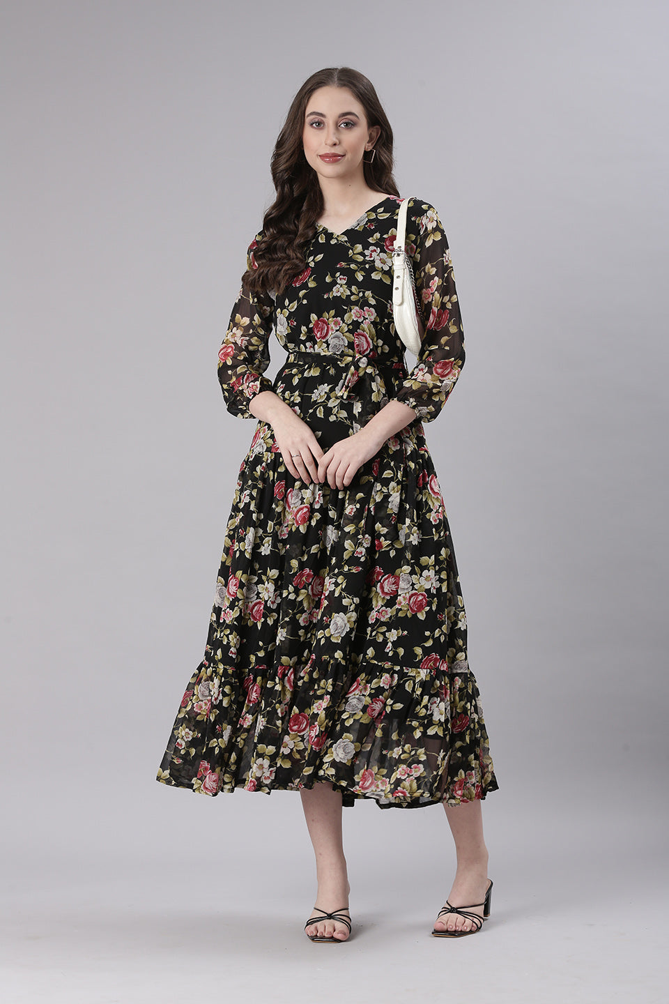 Women Black Floral Chiffon Dress