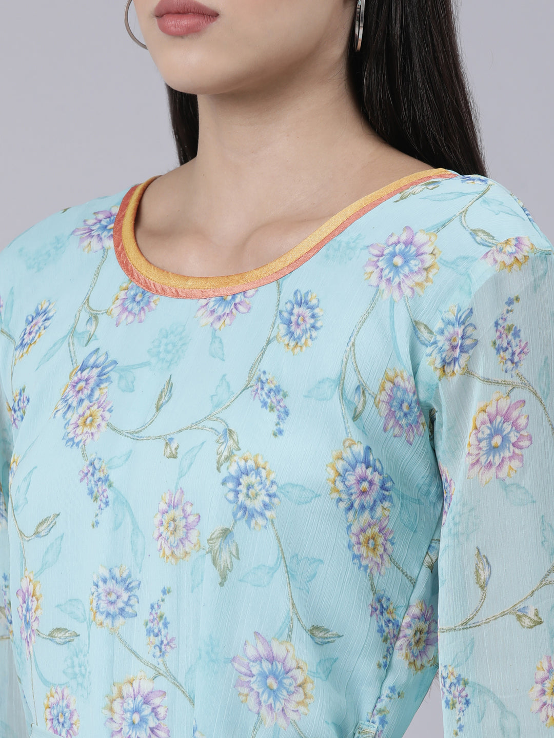 Women Blue Floral Chiffon Maxi Dress