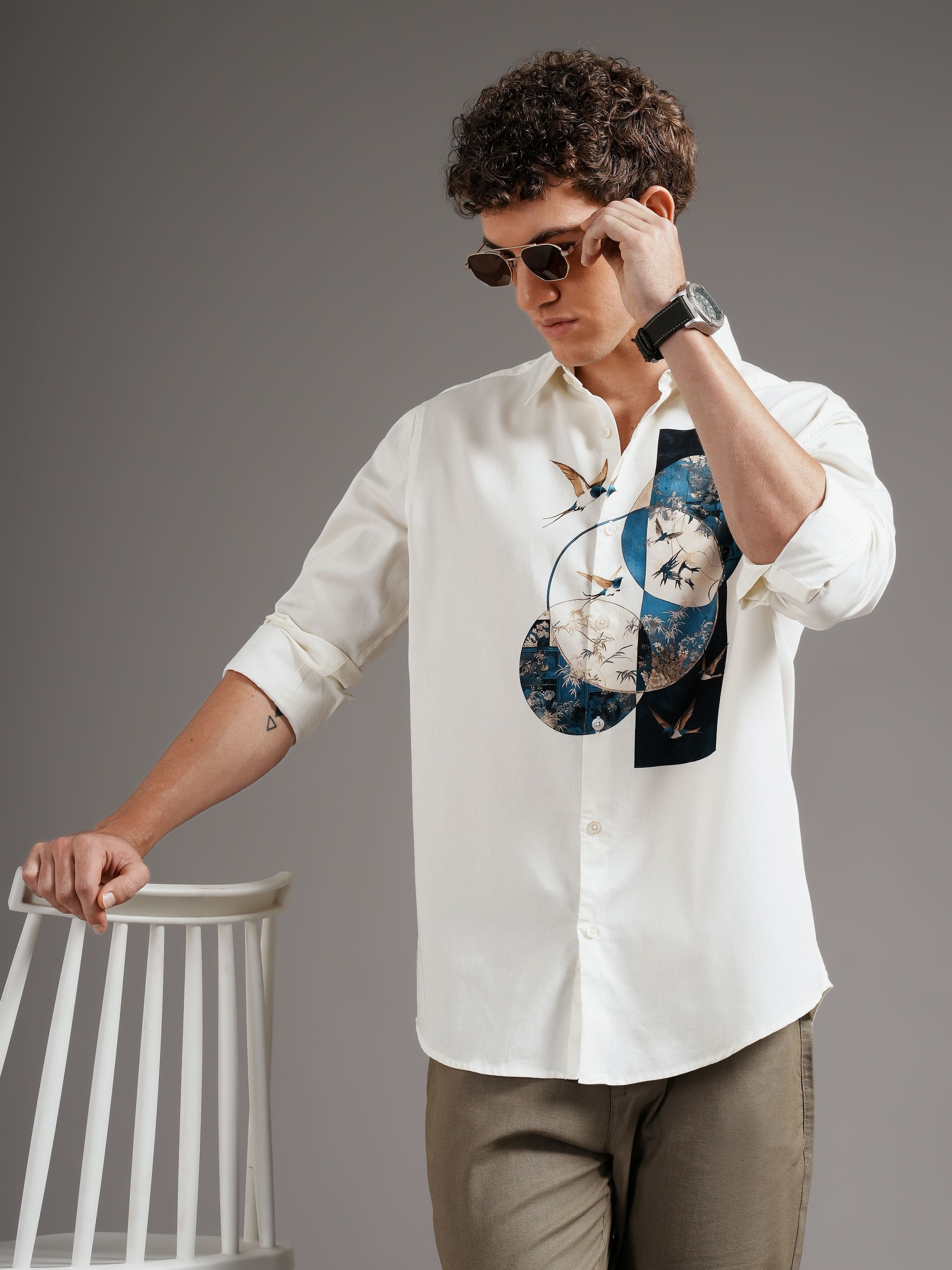 Men Cream Casual Printed Shirt