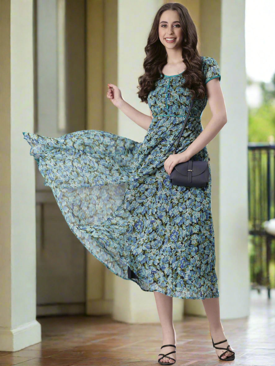 Women Blue Floral Printed Fit & Flare Dress