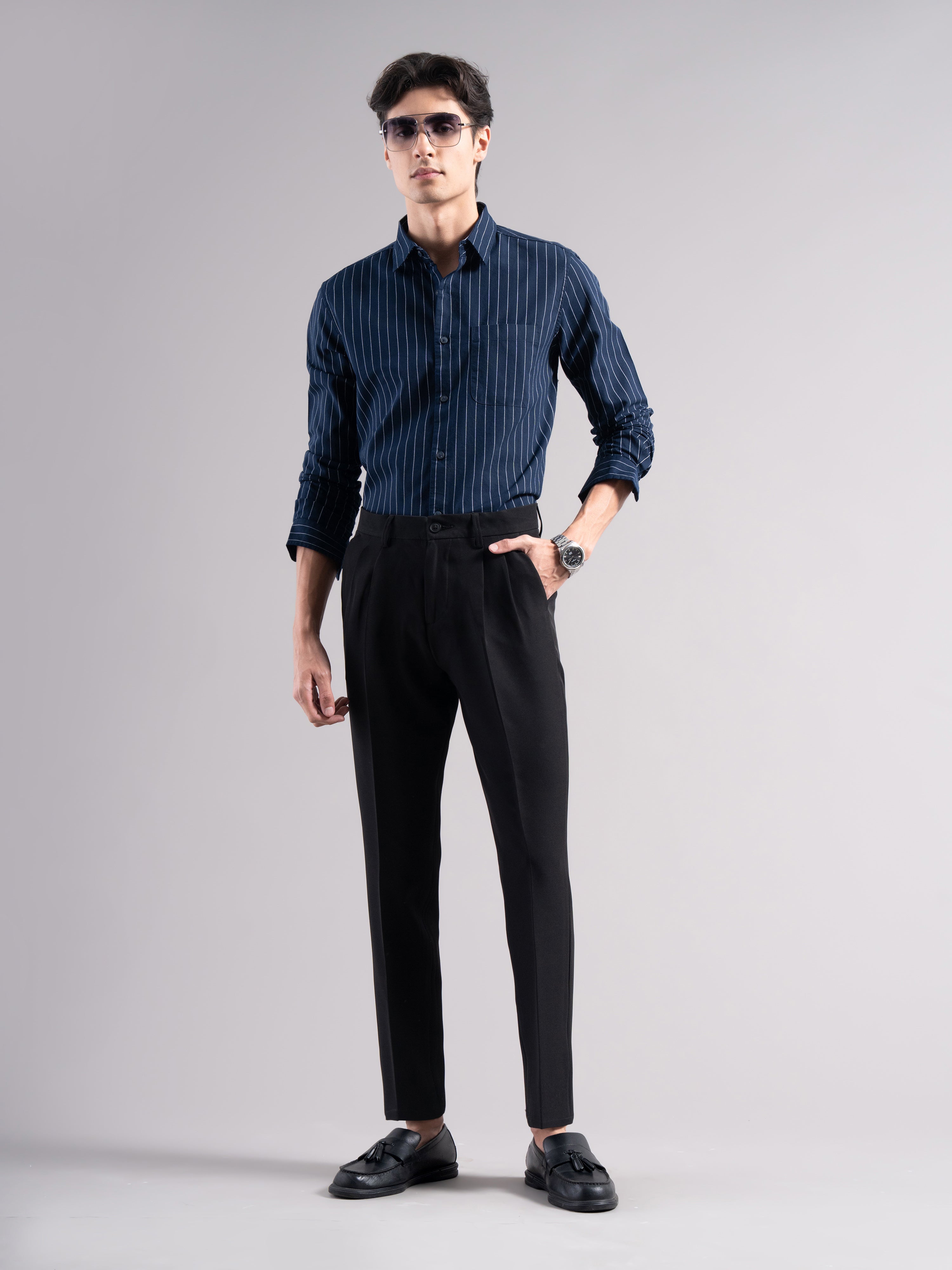 Men Black Pleated Chinos Trousers