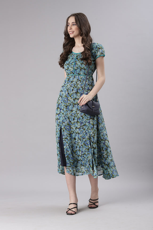 Women Blue Floral Printed Fit & Flare Dress