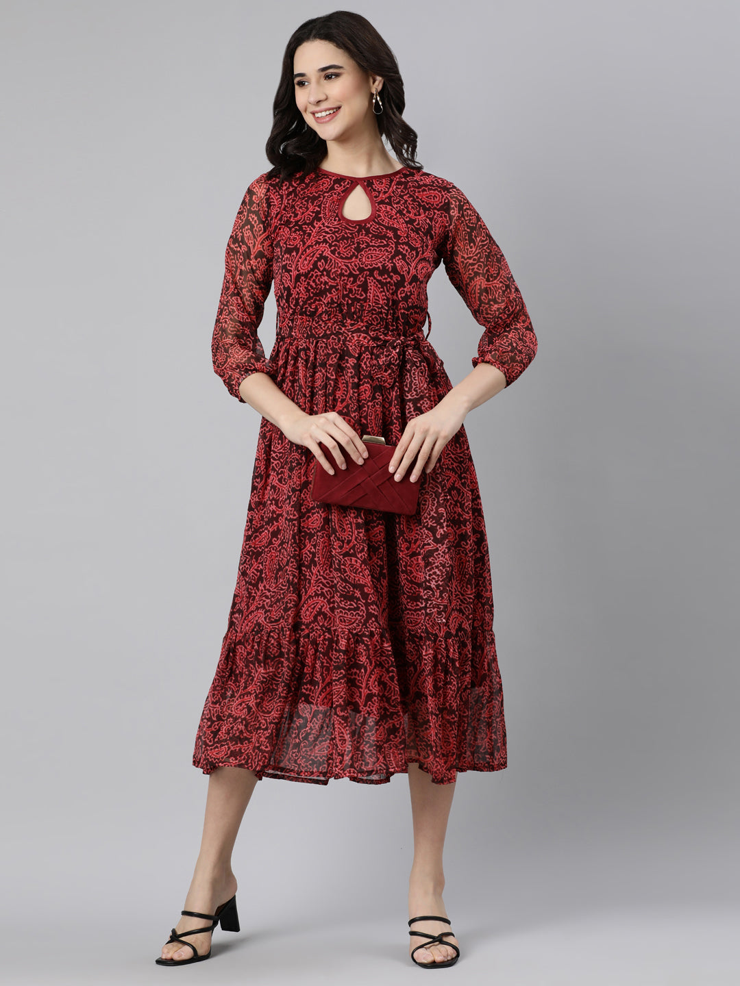 Women Maroon Floral Chiffon Dress