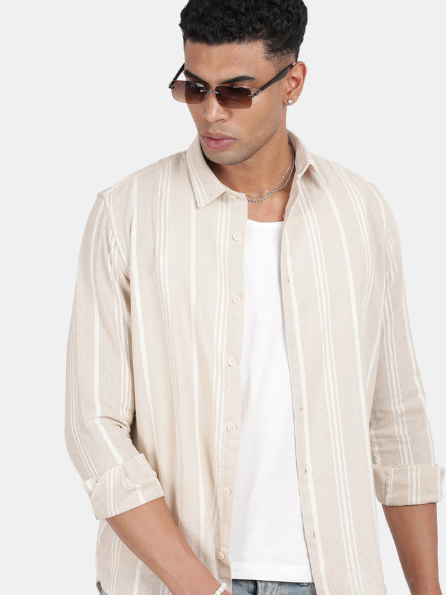 Men Beige Slim Fit Spread Collar Full Sleeve Casual Shirt