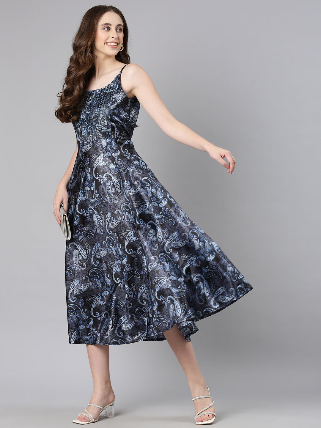 Women Navy Blue Satin Dress