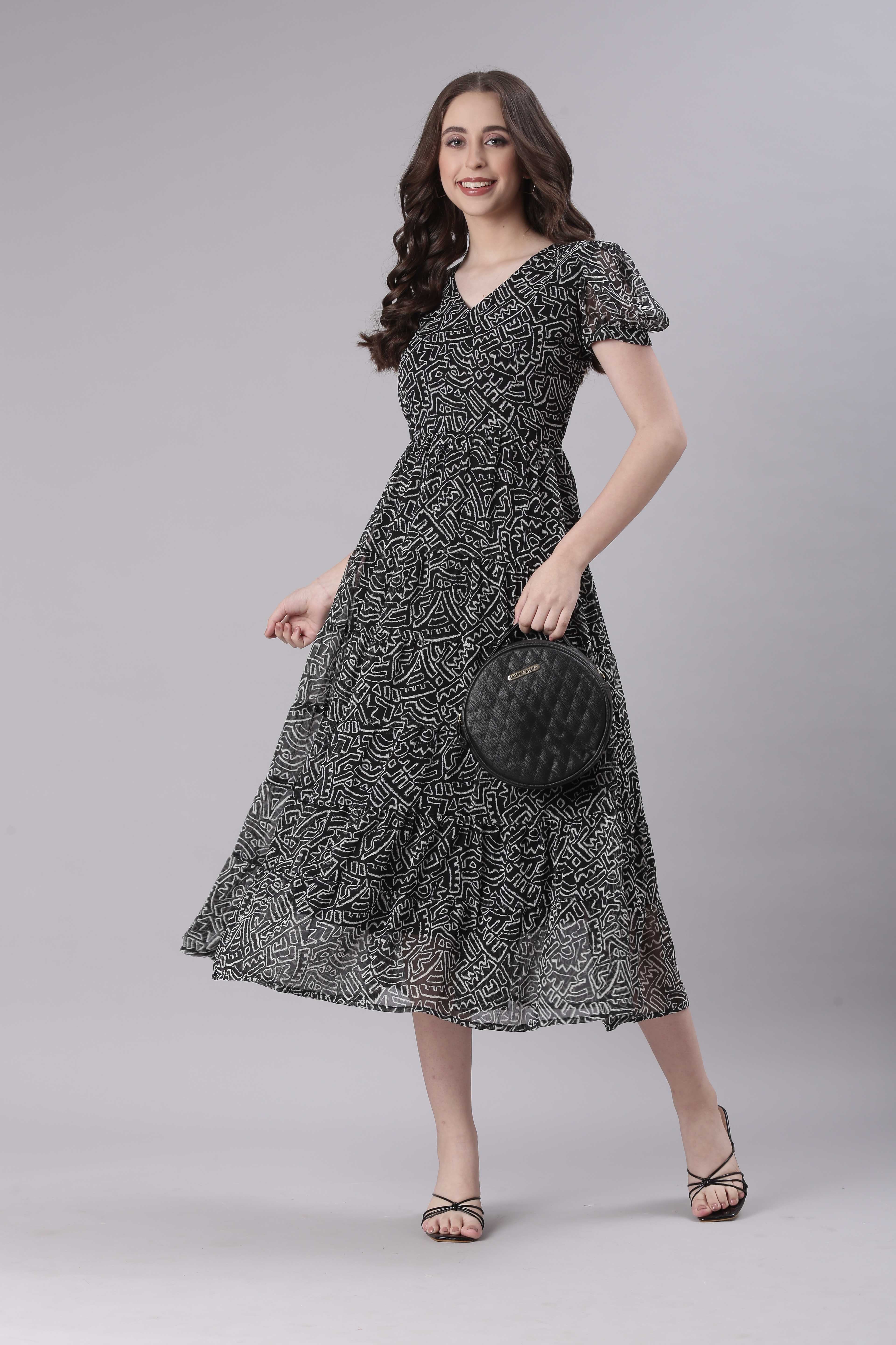 Women Black Floral Chiffon Maxi Dress