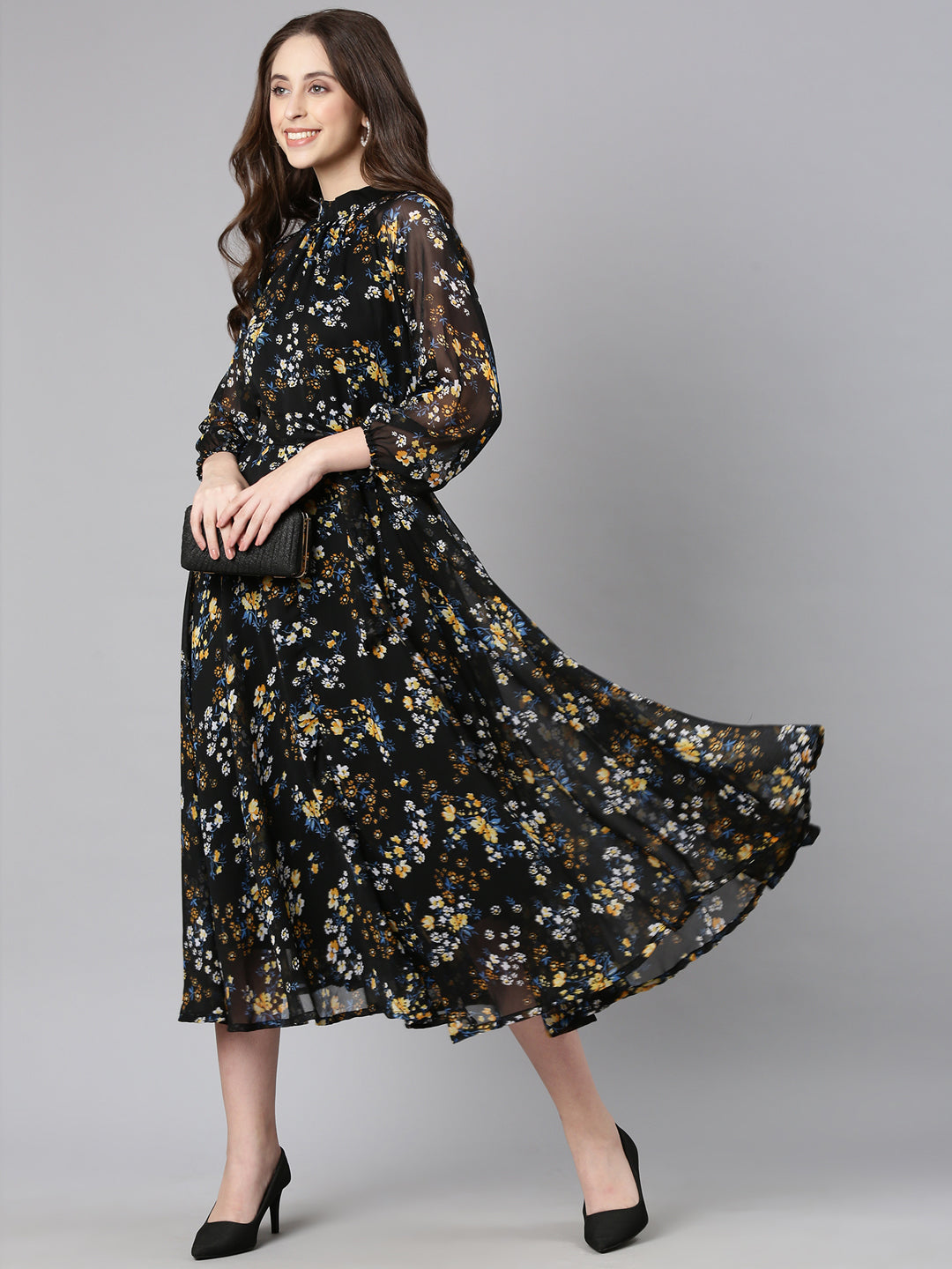 Women Black Floral Chiffon Dress