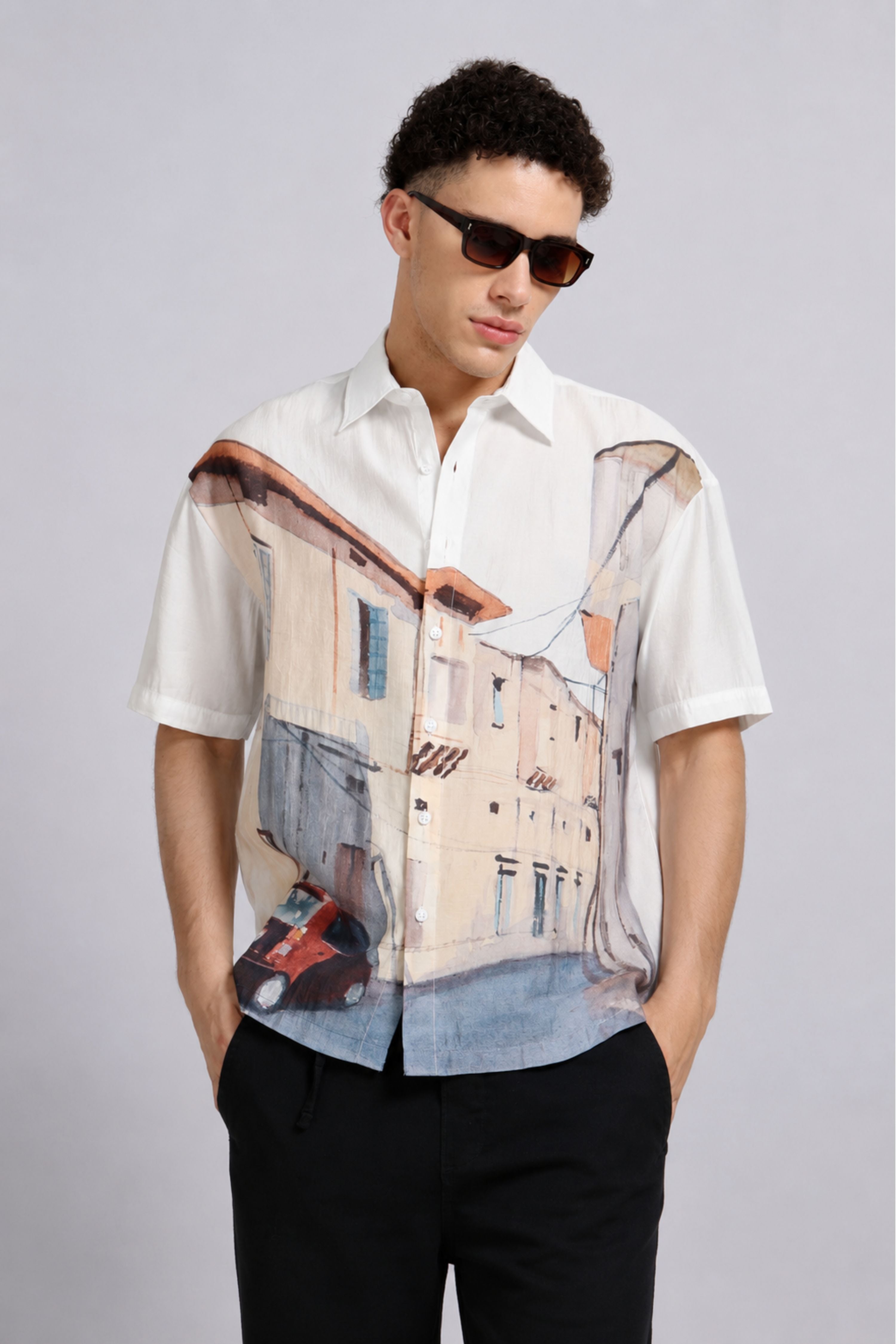 Men Beige Oversized Print Shirt