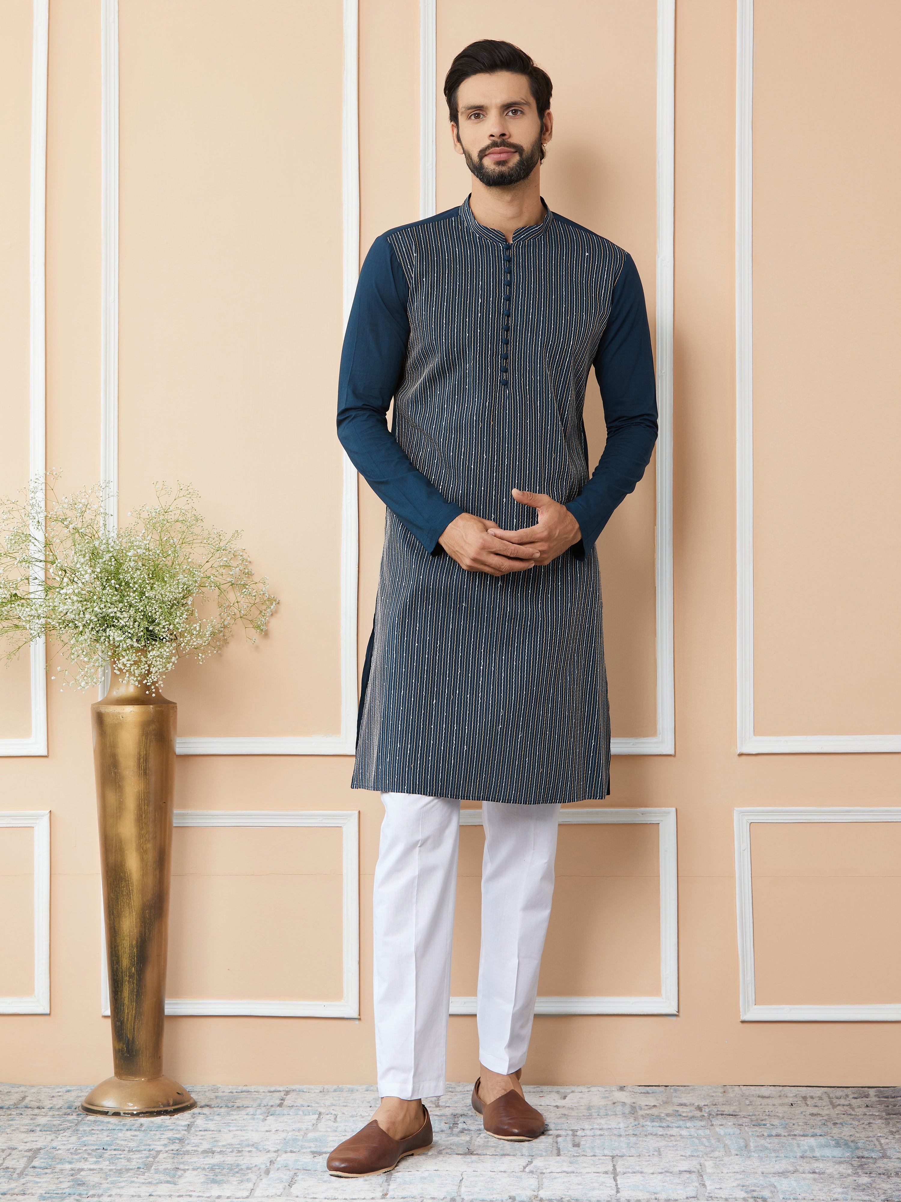 Men Dark Blue Thread & Sequin Worked Pure Cotton Straight Kurta