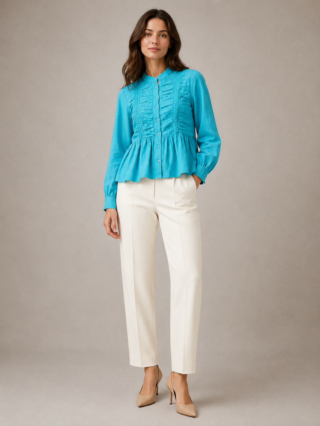 Women Blue Ruffle Front Peplum Top