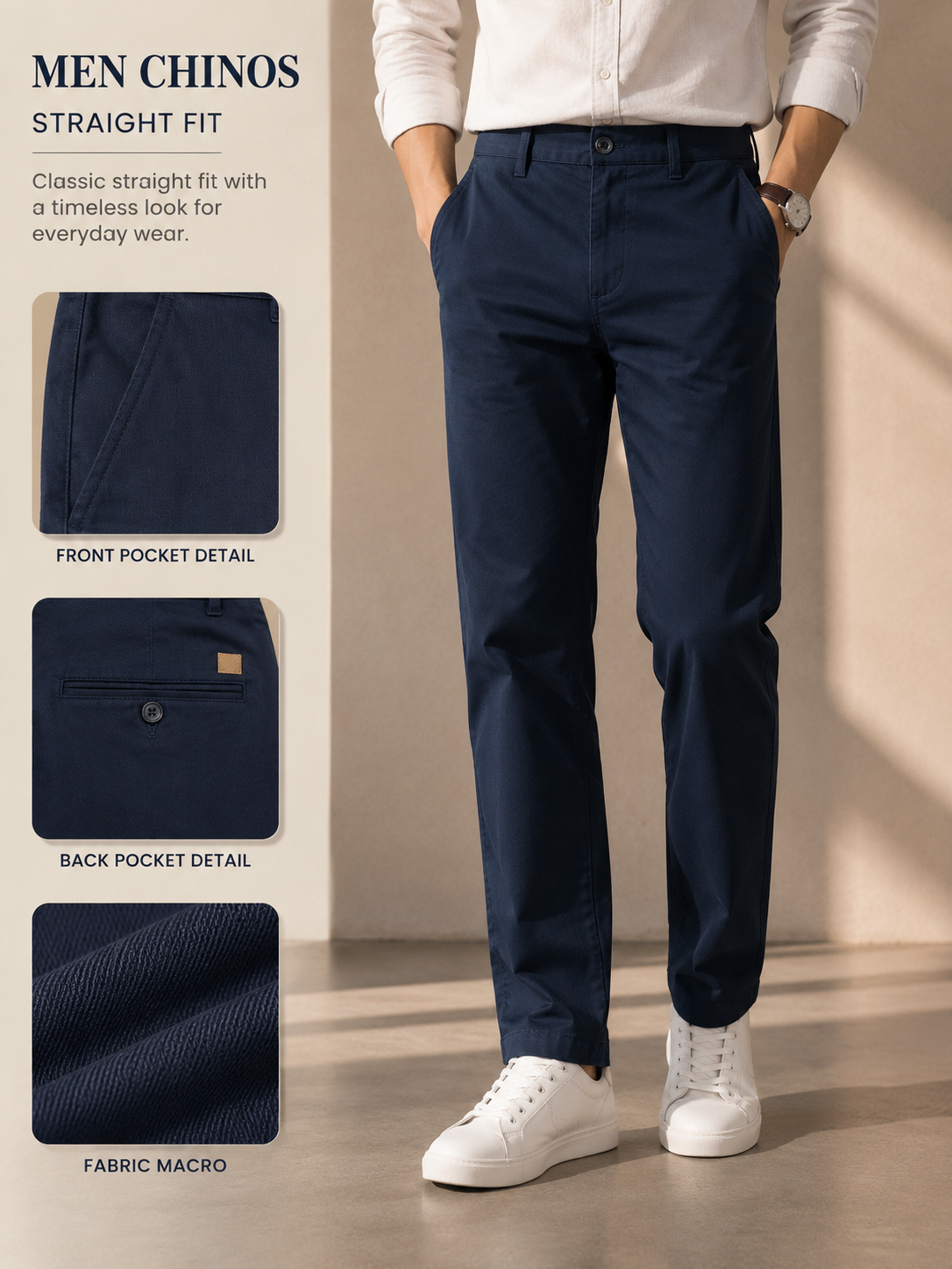 Men Navy Contemporary Chino Trousers