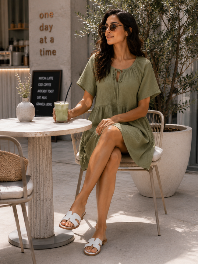 Women Olive Tie-Neck Relaxed Dress
