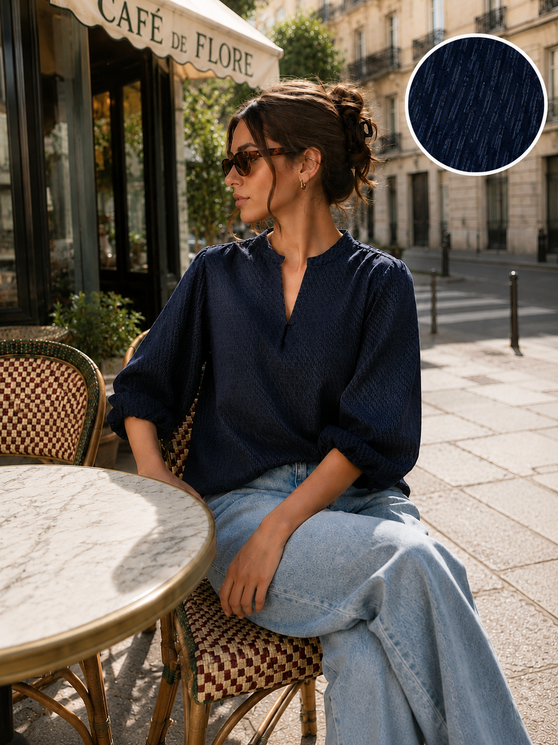 Women Navy Textured Balloon Sleeve Top