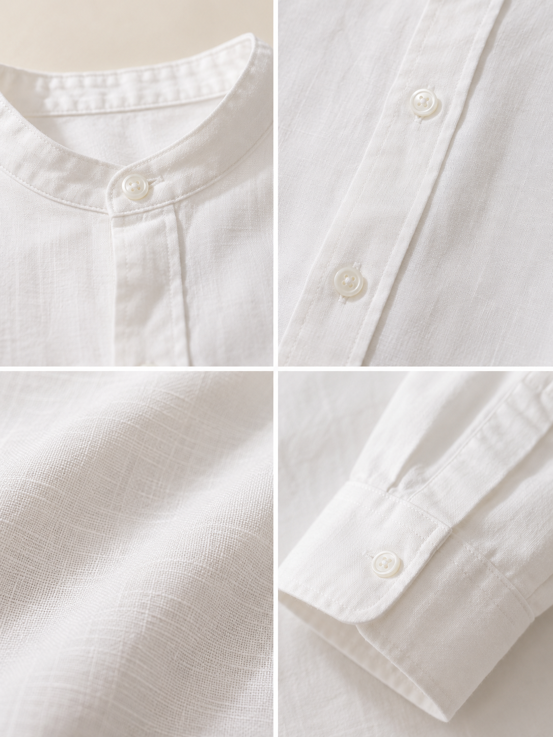 Men White Linen Essential Mandarin Shirt