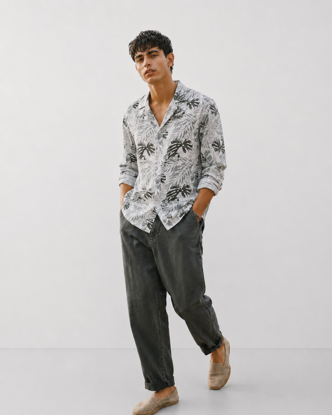 Men Grey Tropical Print Shirt