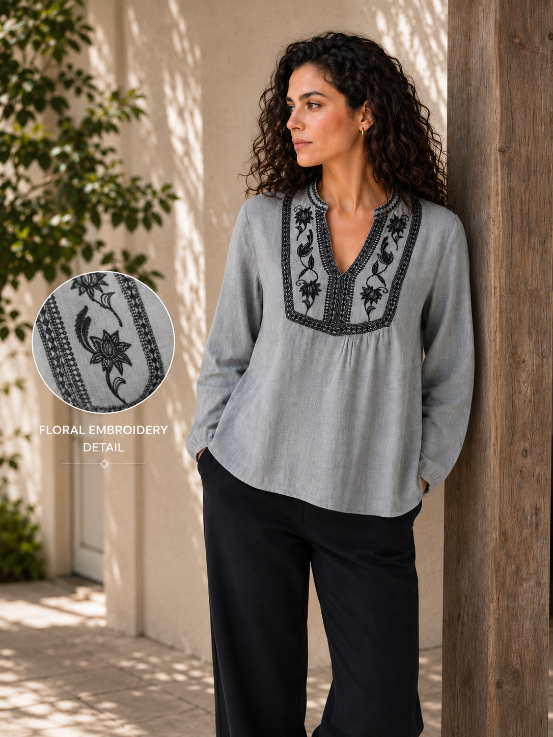 Women Grey Embroidered Yoke Top