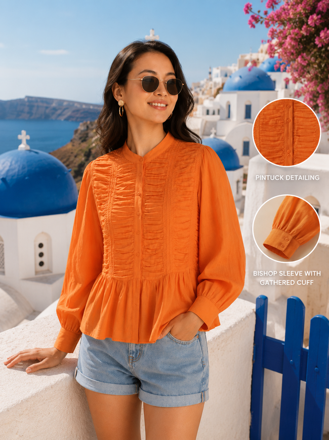 Women Orange Ruffle Front Peplum Top