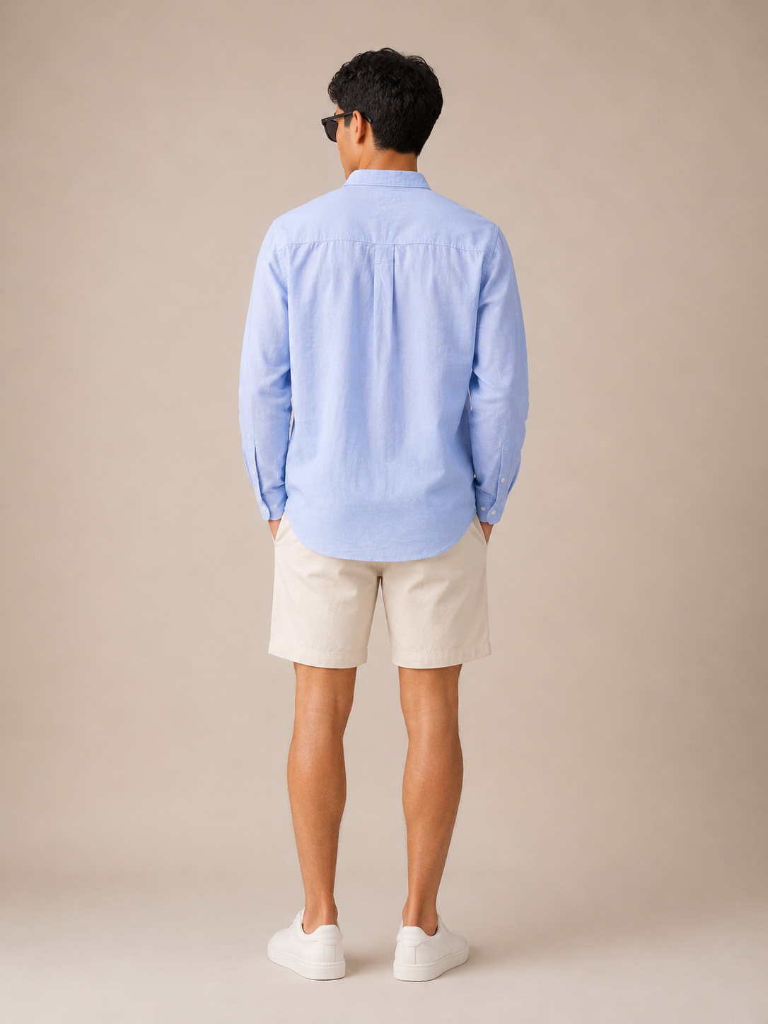 Men Light Blue Linen Band Collar Shirt