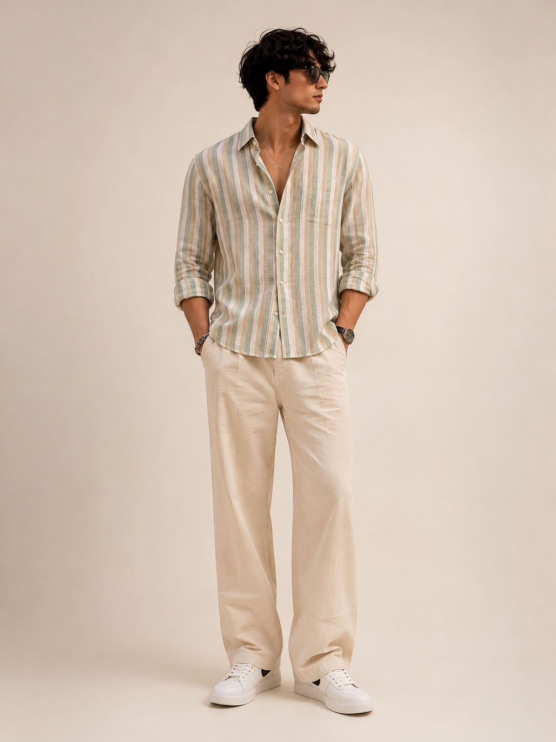 Men Green Vertical Striped Long Sleeve Shirt