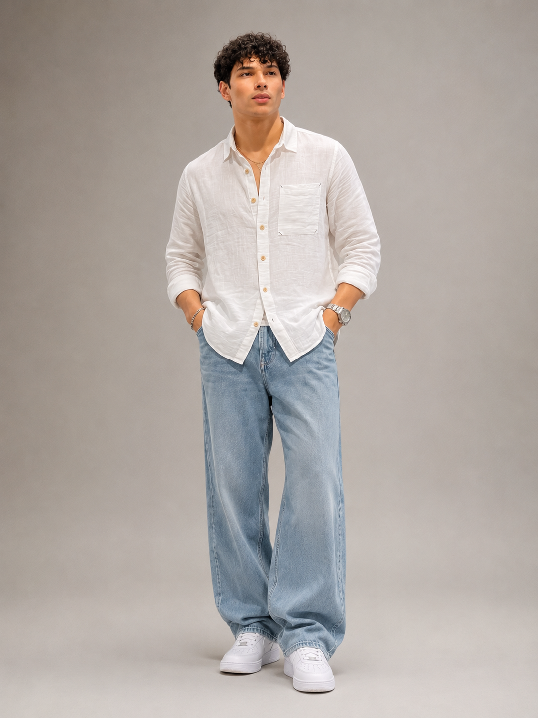 Men White Double Cloth Long Sleeve Shirt