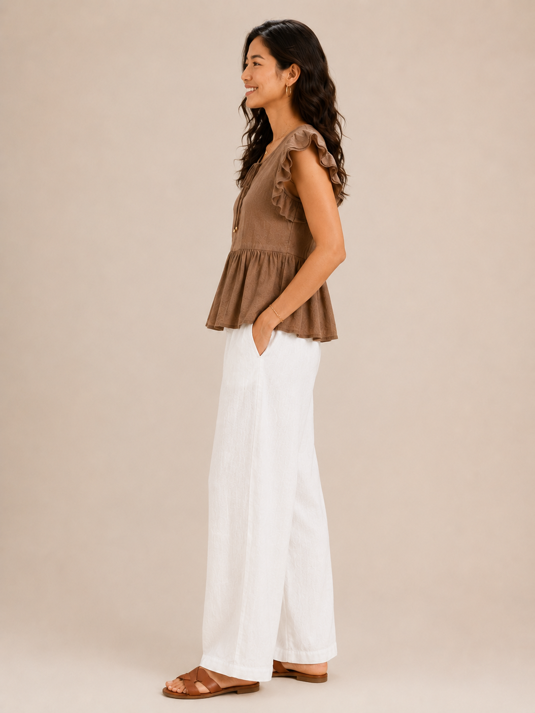 Women Brown Tie-Neck Peplum Top