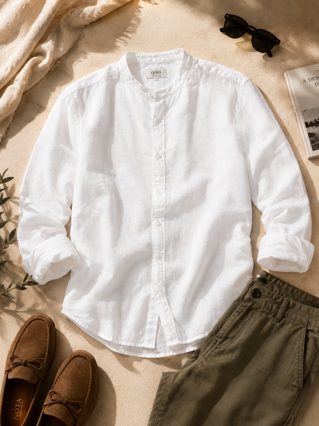 Men White Linen Band Collar Shirt