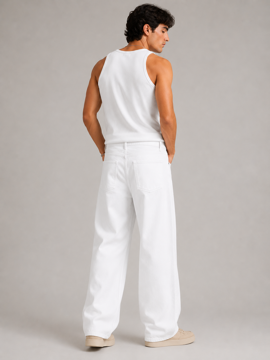 Men White Wide Leg Baggy Jeans