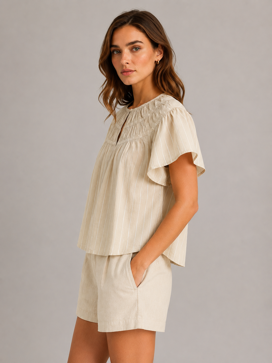 Women Beige Smocked Neck Top