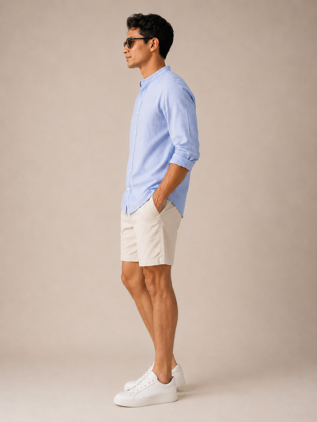 Men Light Blue Linen Band Collar Shirt
