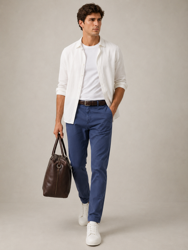 Men Blue Cotton Stretch Chino Trousers