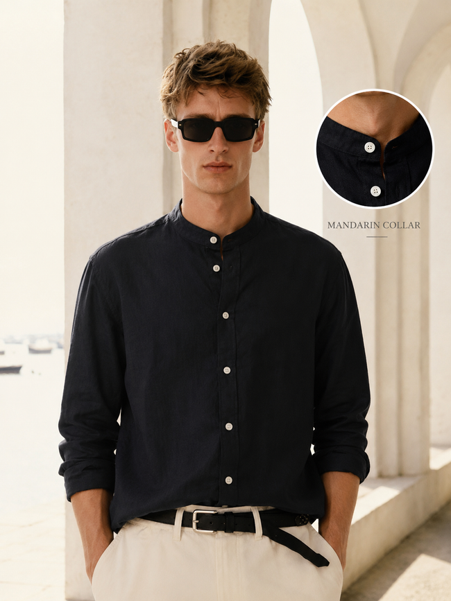 Men Black Linen Band Collar Shirt