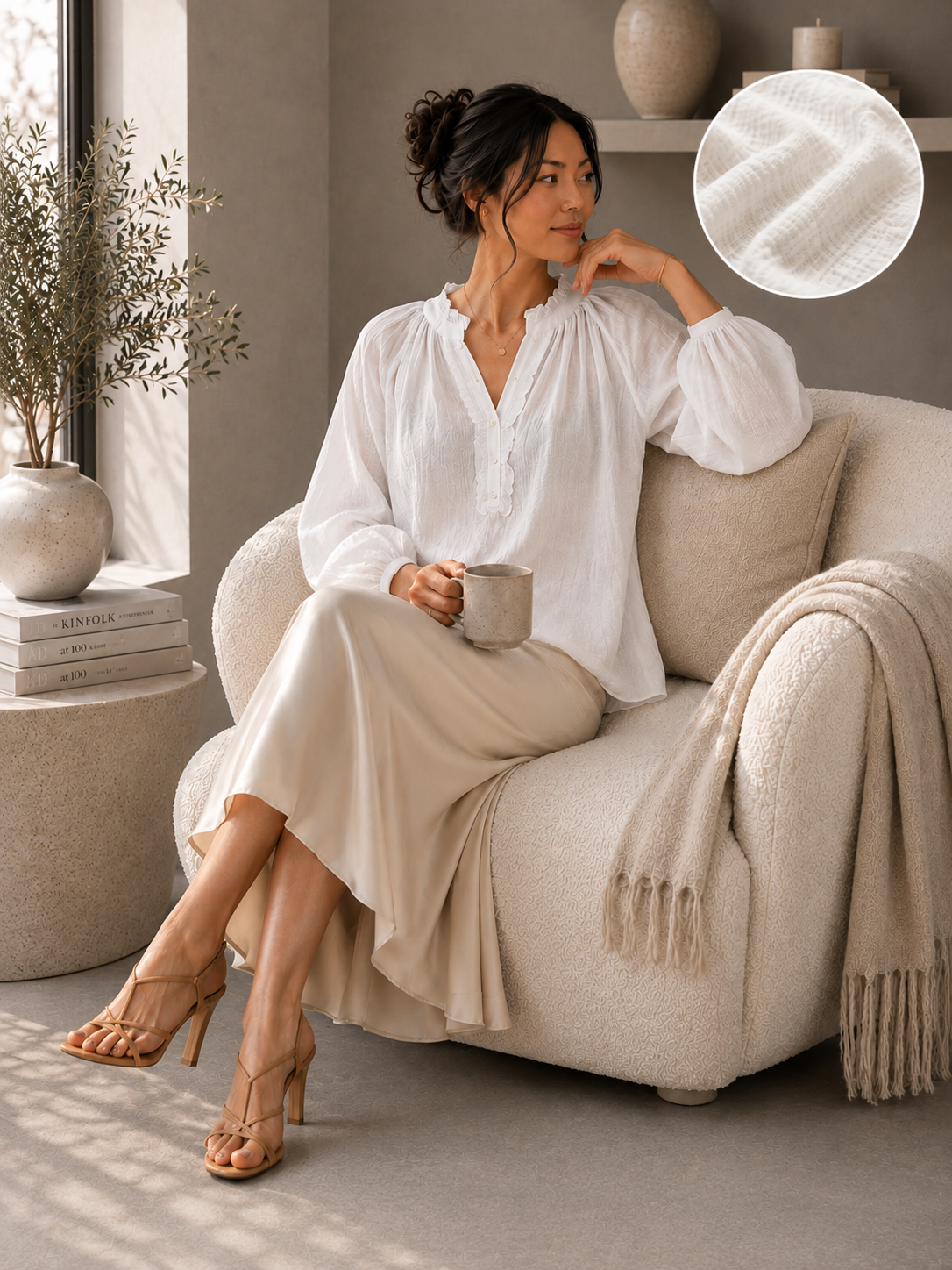 Women White Frilled Double Gauze Top