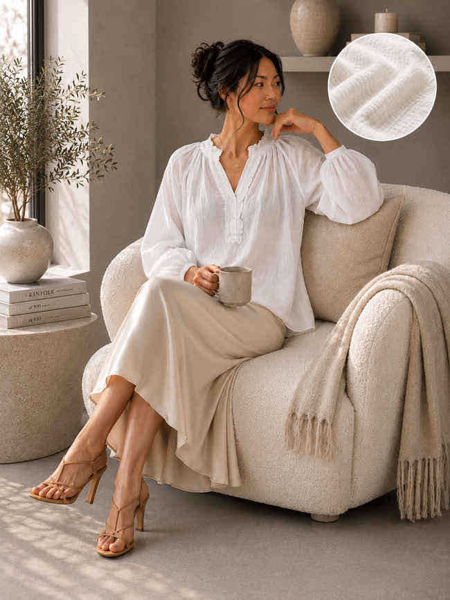 Women White Frilled Double Gauze Top