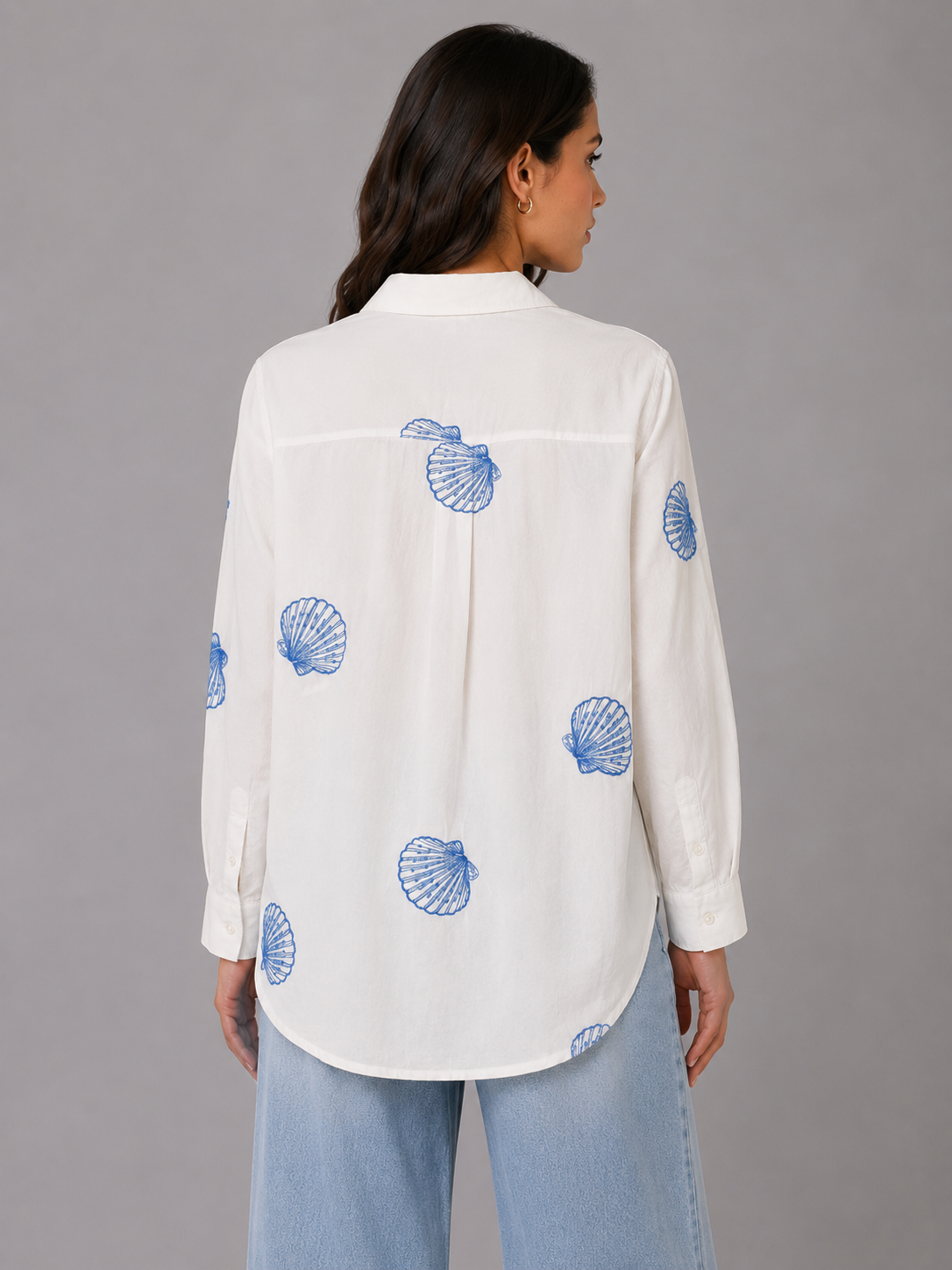 Women White Shell Embroidered high low Shirt