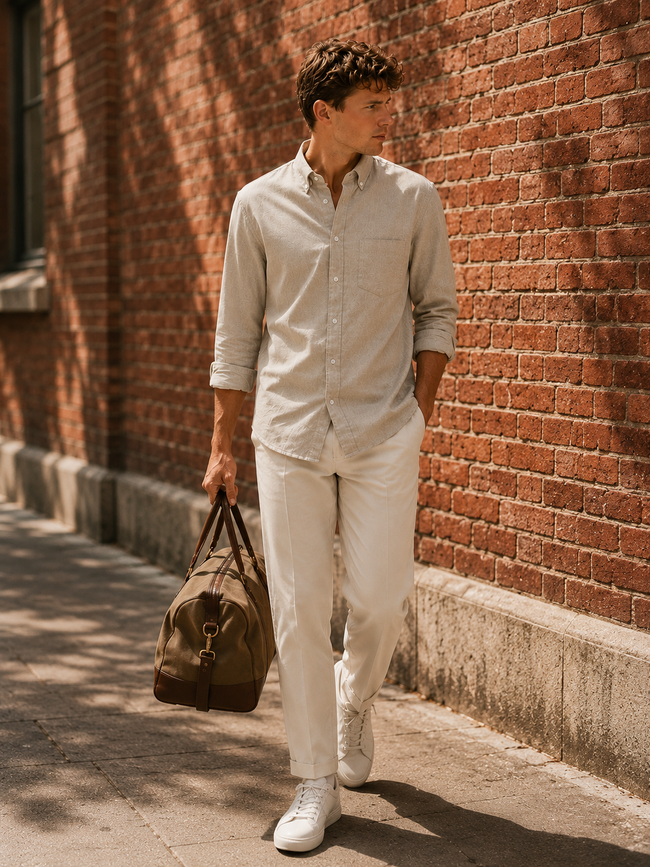 Men Beige Oxford Button Down Shirt
