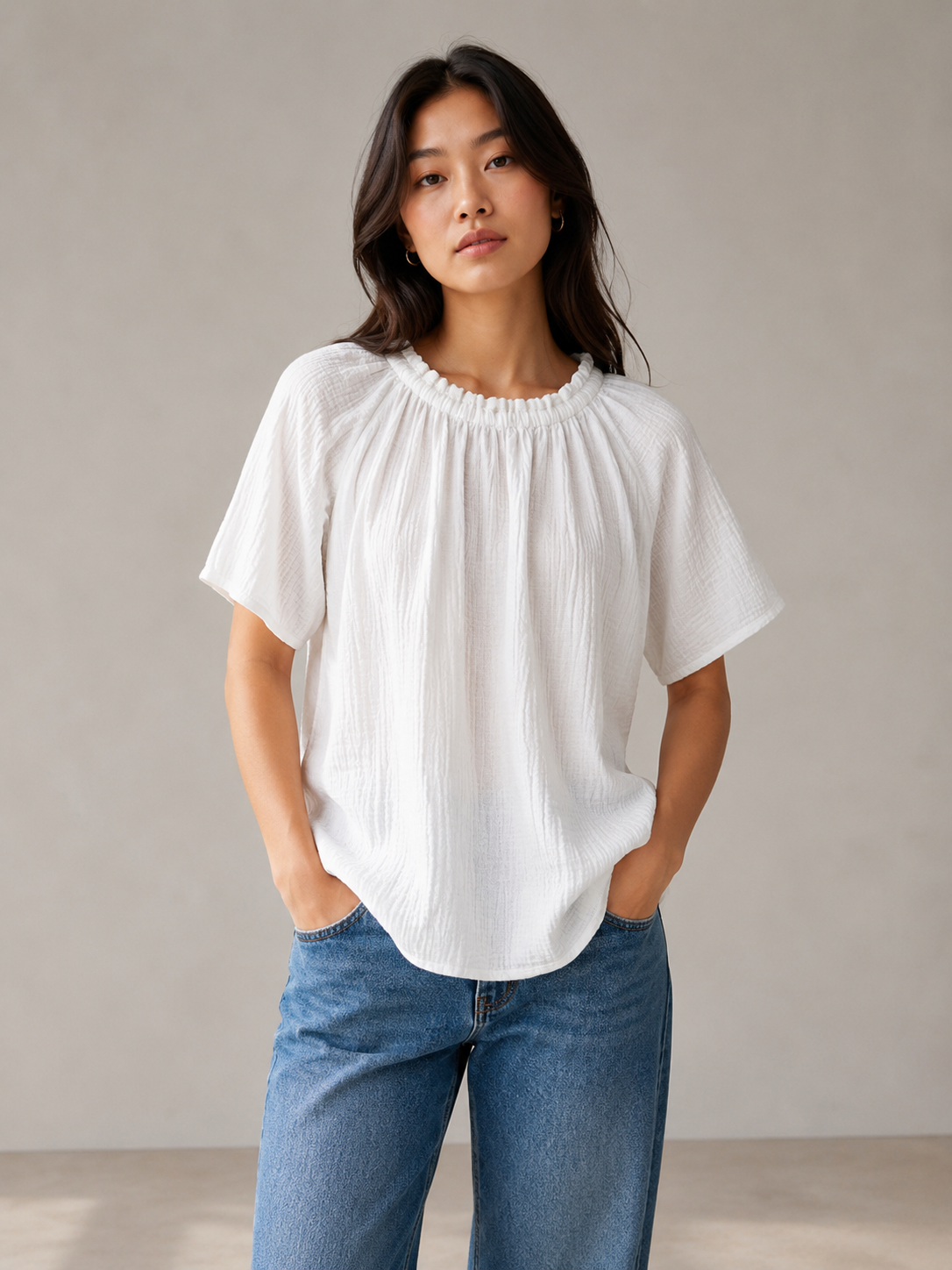 Women White Gathered Neck Top