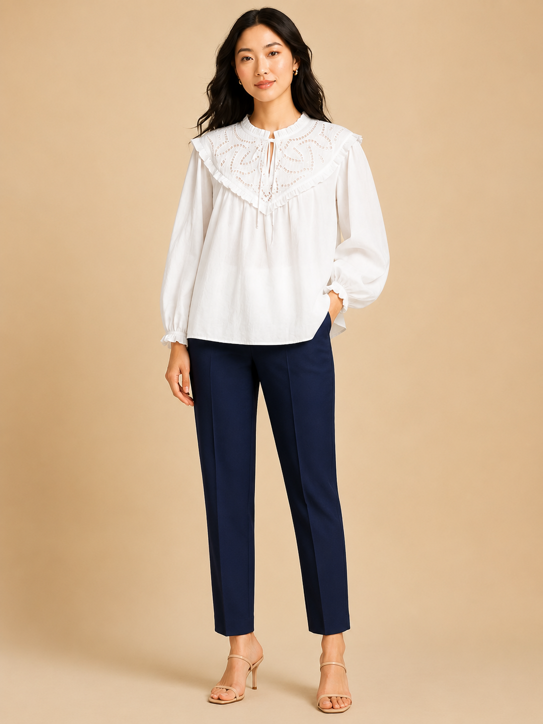 Women White Ruffle Detail Top