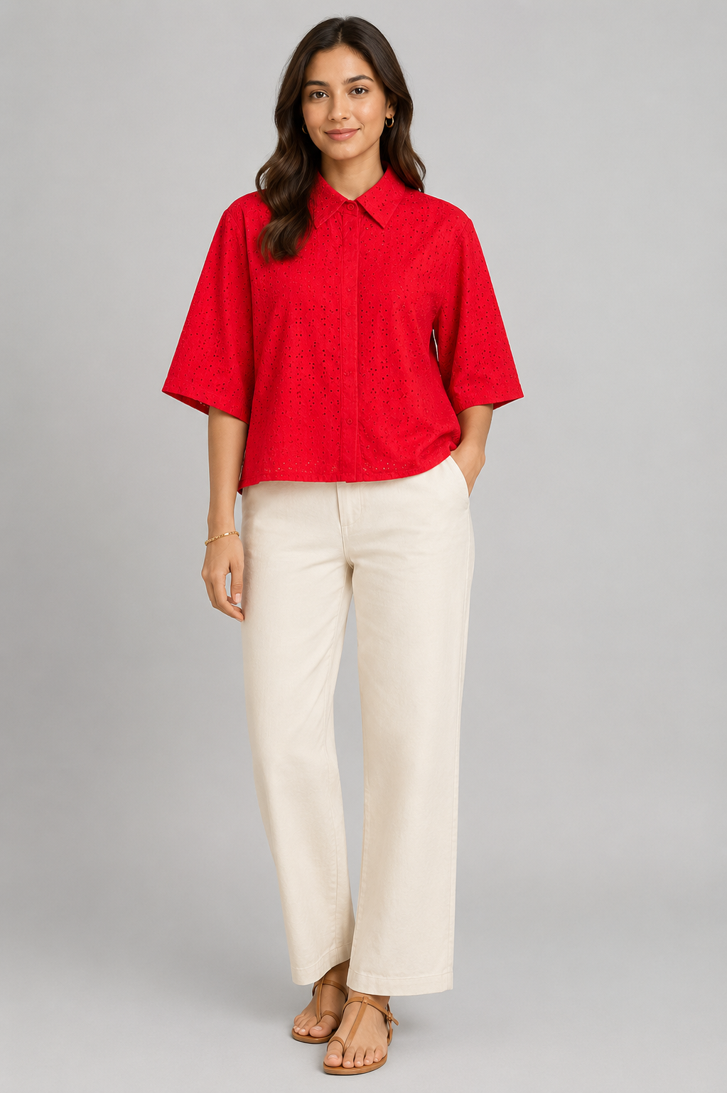 Women Red Shiffli Boxy Shirt