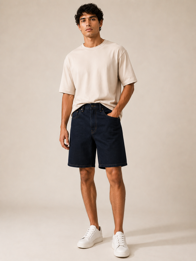 Men Navy Washed Denim Shorts