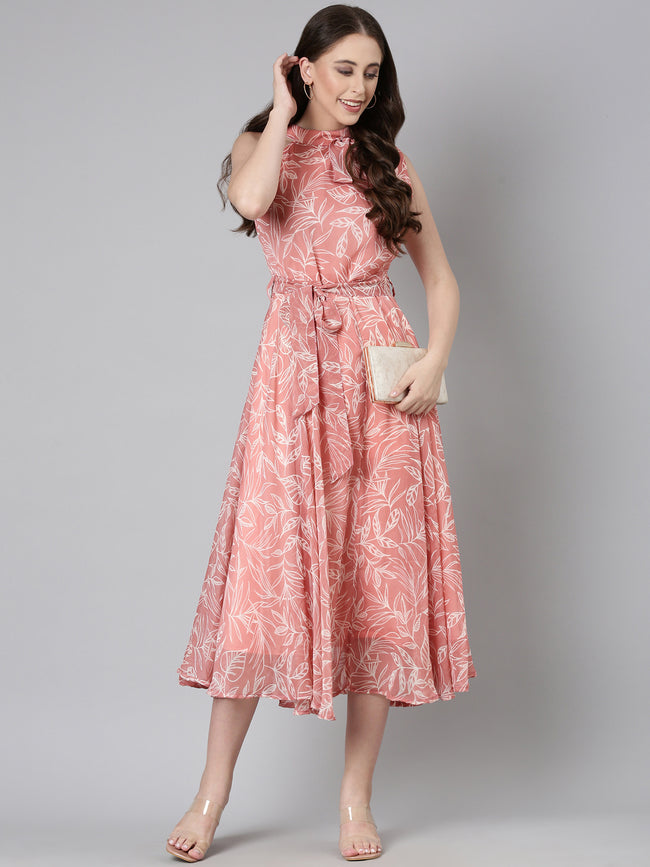 Women Peach Floral Chiffon Dress