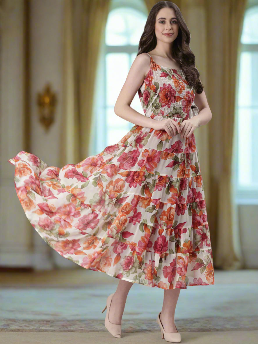 Women Cream Floral Print Tiered Dress