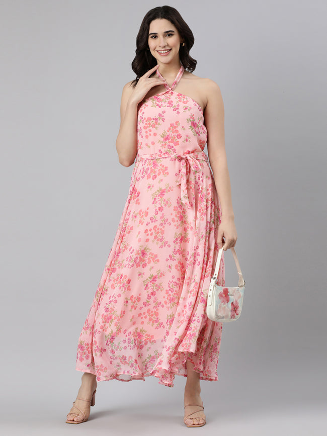 Women Pink Floral Chiffon Dress