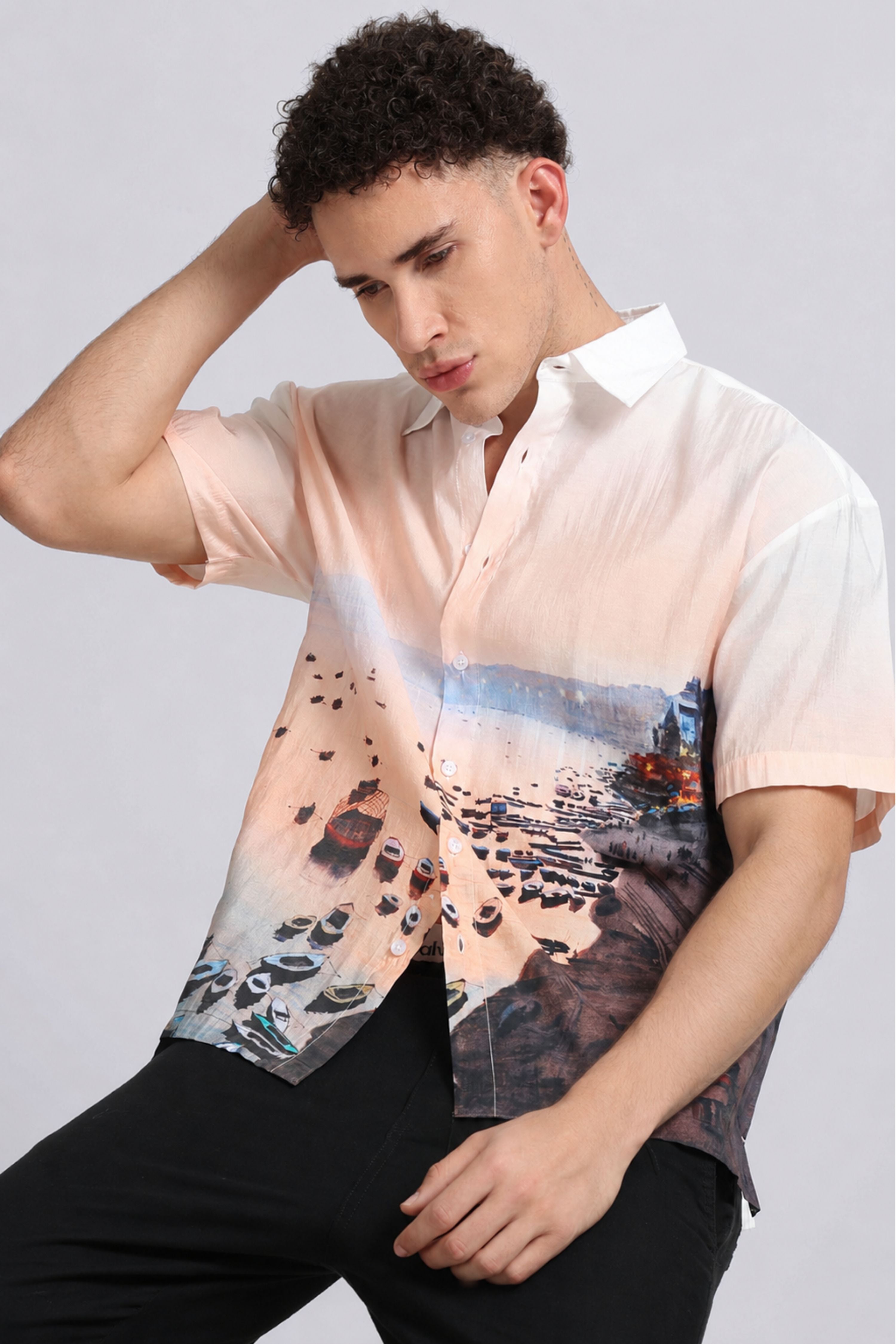 Men Peach Oversized Print Shirt