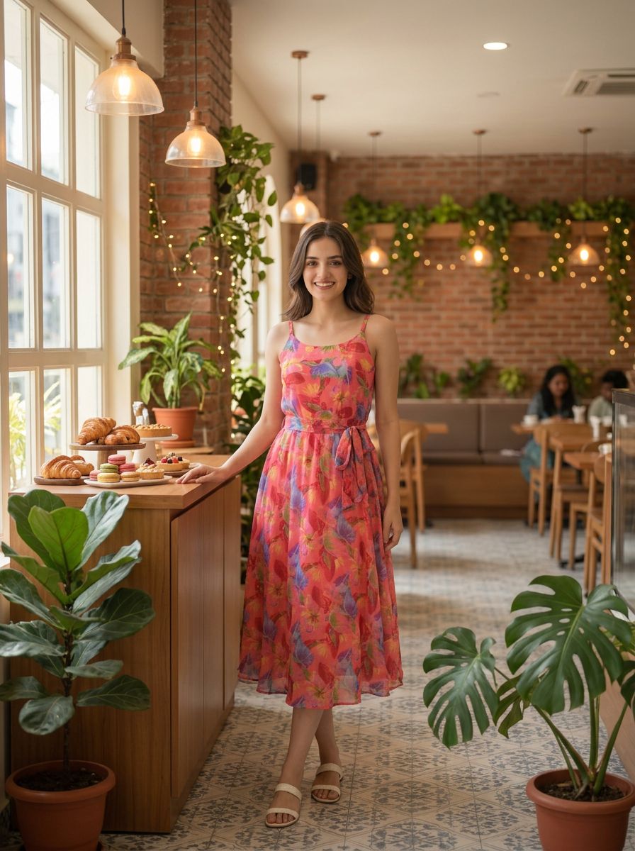 Women Floral Chiffon Midi Dress