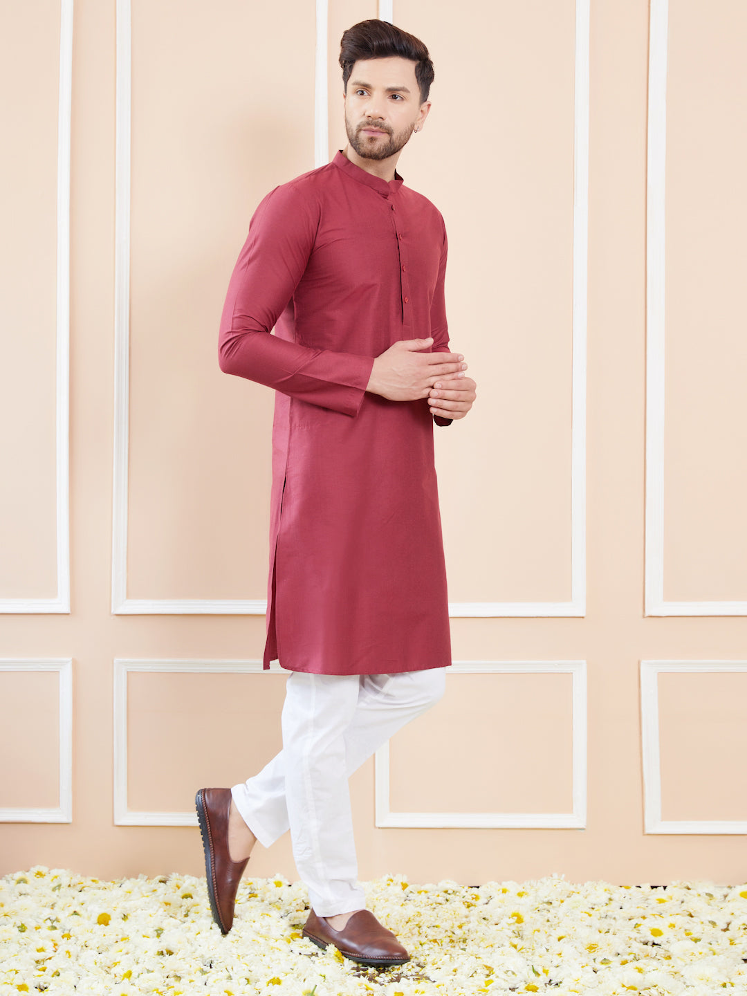 Men Burgundy Cotton Solid Straight Kurta