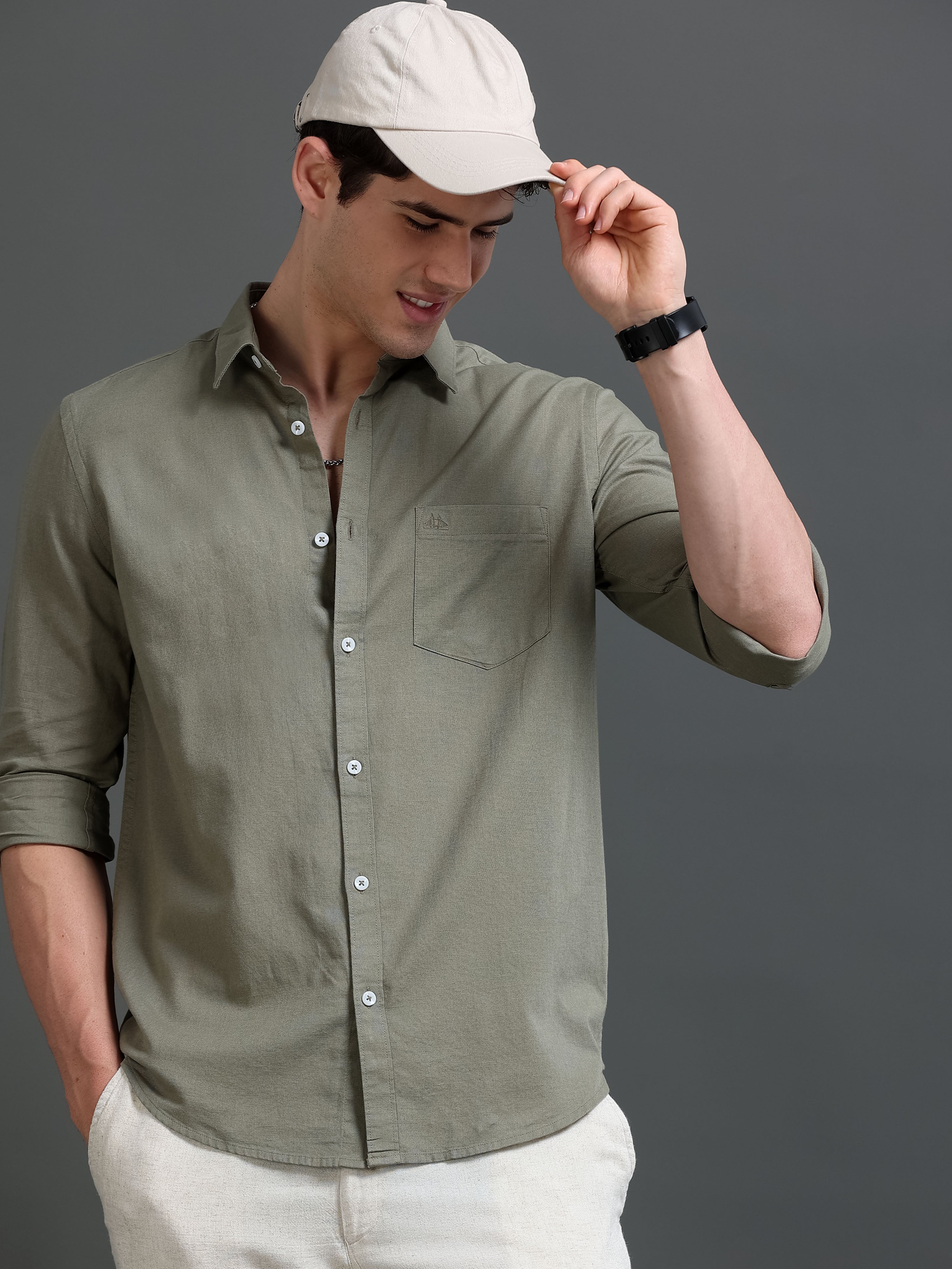 Men Olive Slub Solid Shirt